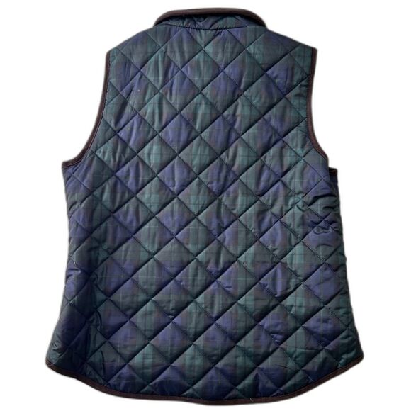 British Khaki Plaid Quilted Zip Vest Blue Green Women's L fur collar snap pocket - Picture 2 of 10